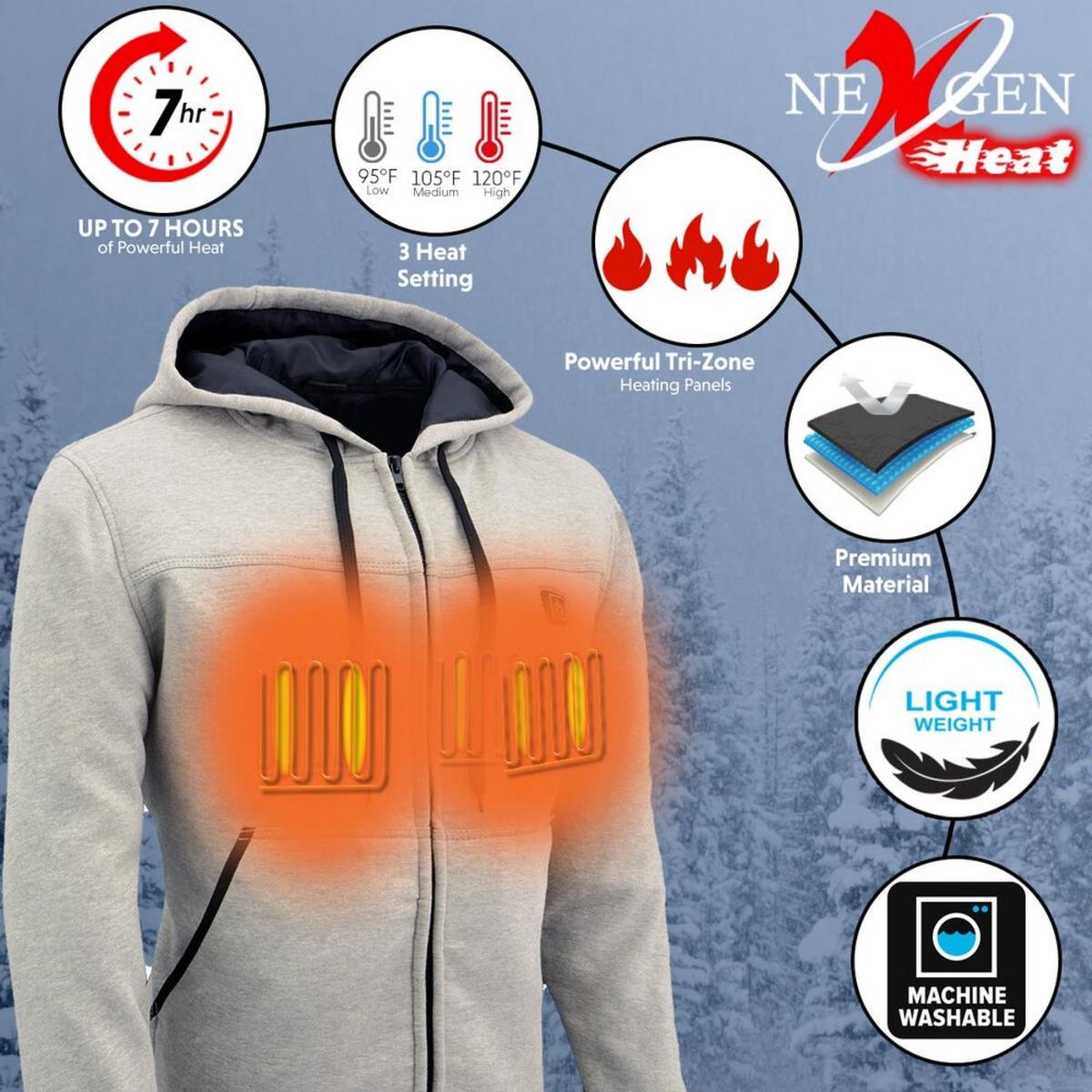 Nexgen Heat Men's Fiery Heated Hoodie Silver Zipper Front Sweatshirt Jacket with Battery Pack Nexgen Heat Men's Fiery Heated Hoodie Silver Zipper Front Sweatshirt Jacket with Battery Pack