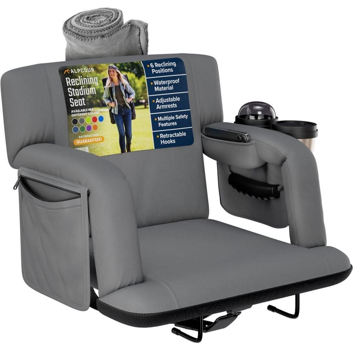 Alpcour Premium Reclining Stadium Seat with Armrests and Side Pockets - X-Wide Alpcour Premium Reclining Stadium Seat with Armrests and Side Pockets - X-Wide