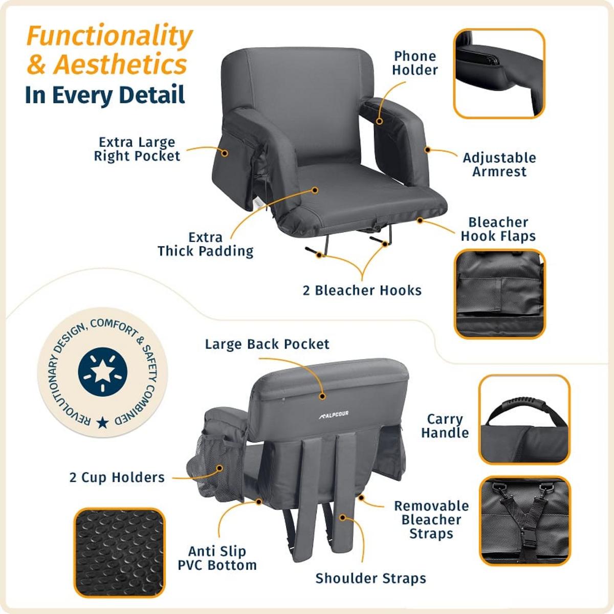 Alpcour Premium Reclining Stadium Seat with Armrests and Side Pockets - X-Wide Alpcour Premium Reclining Stadium Seat with Armrests and Side Pockets - X-Wide