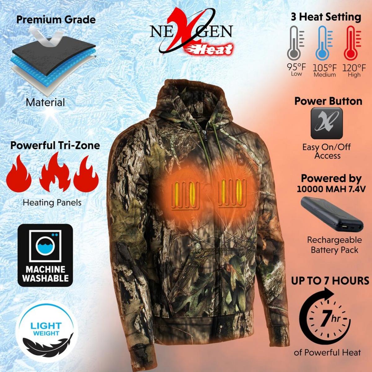 Nexgen Heat Men's Camouflaged Heated Zipper Hoodie with Battery Nexgen Heat Men's Camouflaged Heated Zipper Hoodie with Battery
