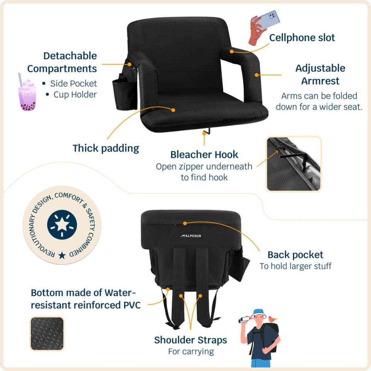 Alpcour Reclining Stadium Seat with Armrests and Side Pockets - X-Wide Alpcour Reclining Stadium Seat with Armrests and Side Pockets - X-Wide