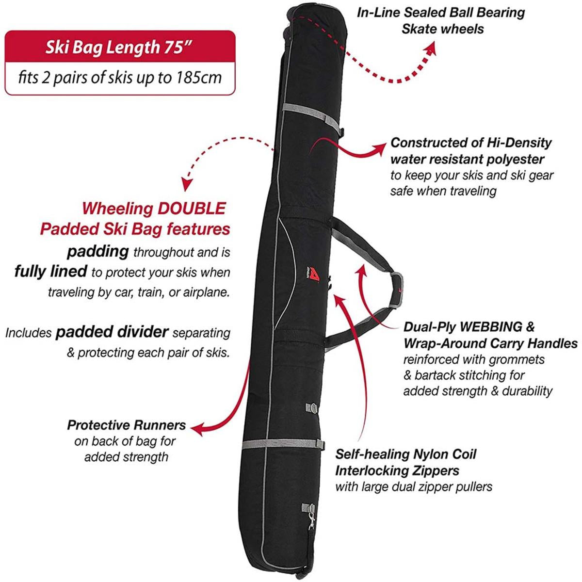 Athalon Wheeling Polyester Fabric Double Padded Ski Bag - 190cm Athalon Wheeling Polyester Fabric Double Padded Ski Bag - 190cm