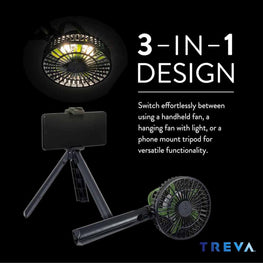 O2 Cool Treva 5 Inch Tripod Fan with Built-In Light and Attachable Phone Mount - Black